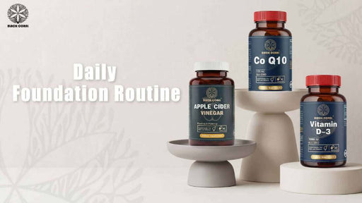 Black Coral daily wellness routine supplements including coq10 apple cider vinegar and vitamin d3 for overall health support
