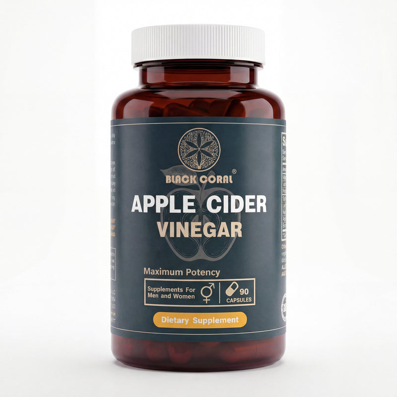 Black Coral Apple Cider Vinegar Capsules bottle front view dietary supplement for digestion and wellness support