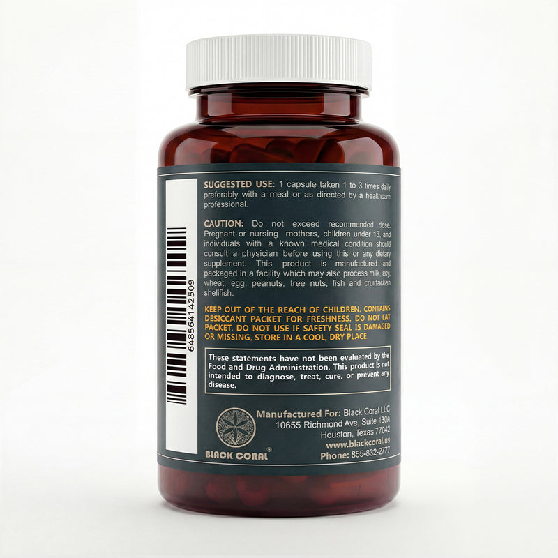 Black Coral Apple Cider Vinegar Capsules supplement facts label showing ingredients and nutrition information on bottle