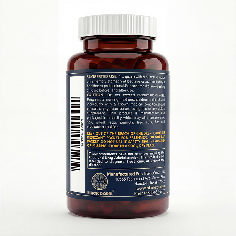 Black Coral Bedtime Weight Loss capsules bottle back view with suggested use directions and safety warning label