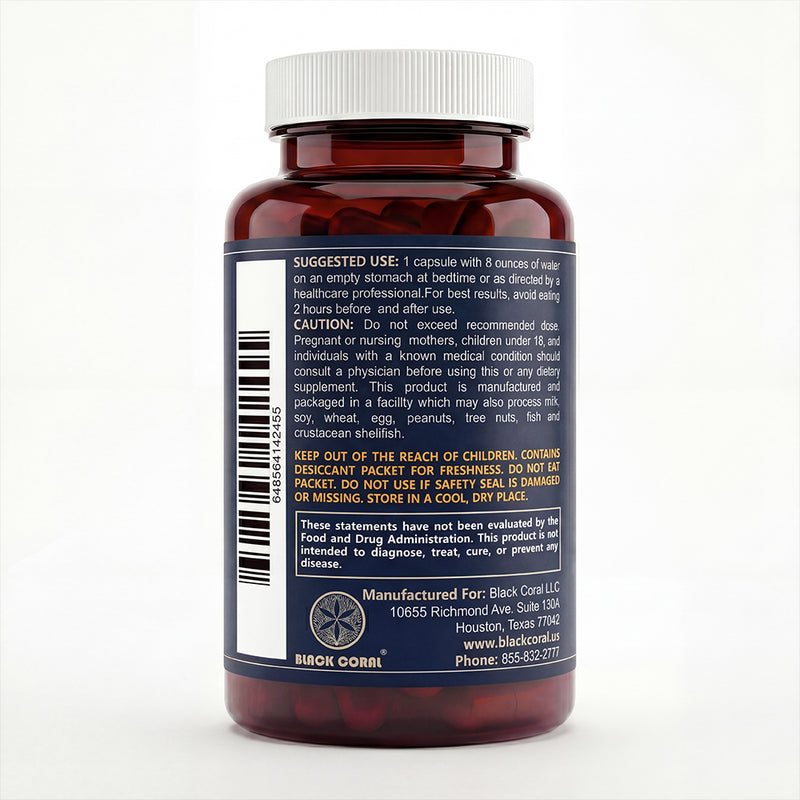 Black Coral Bedtime Weight Loss capsules bottle back view with suggested use directions and safety warning label