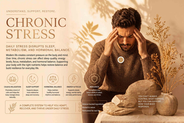Illustration highlighting the effects of chronic stress and healthy lifestyle habits that support resilience, recovery, and daily wellness.