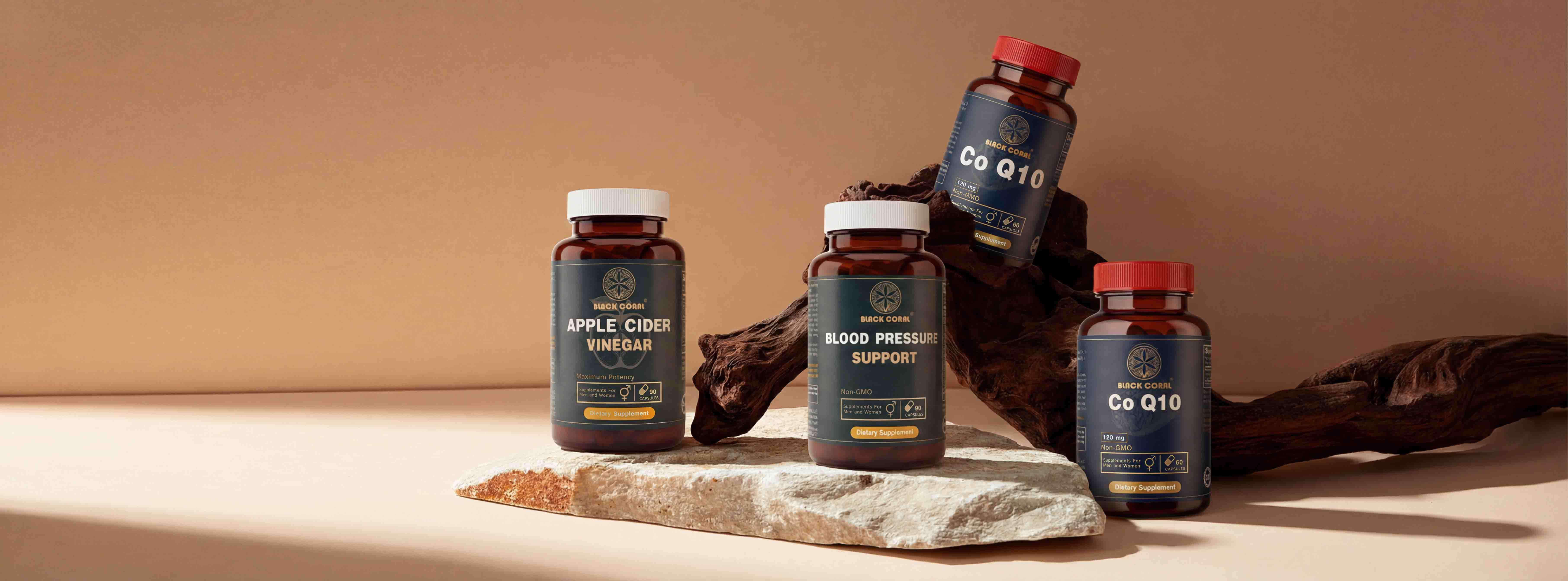 black coral supplements including coq10 blood pressure support and apple cider vinegar for heart health energy and circulation support