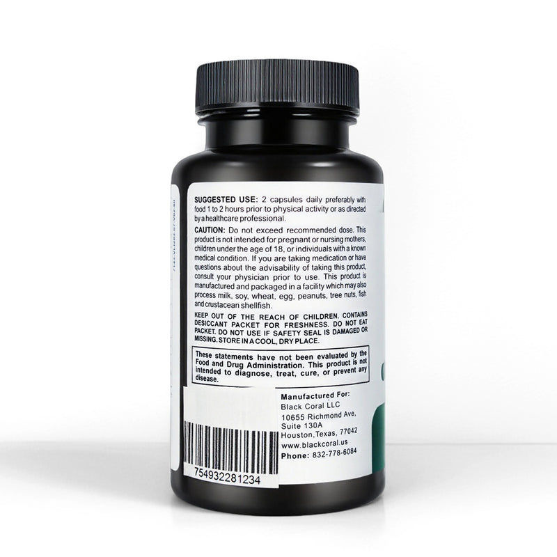 Black Coral Horny Goat Weed capsules bottle back view with directions barcode and safety information label
