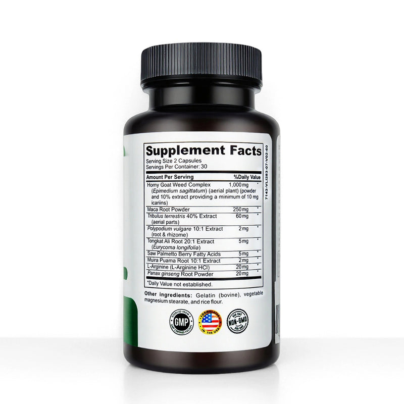 Black Coral Horny Goat Weed capsules bottle showing supplement facts panel with ingredient and nutrition details