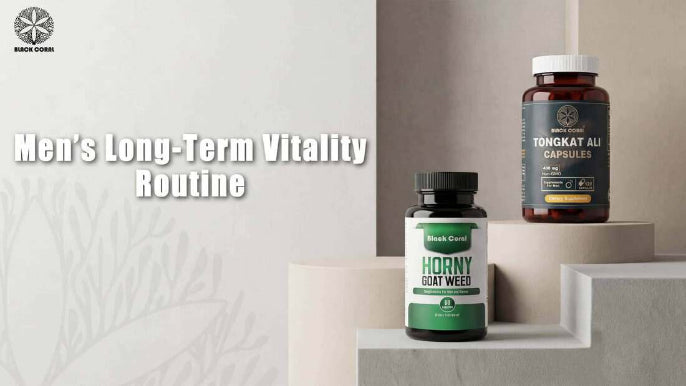 black coral mens vitality supplements including tongkat ali and horny goat weed for energy testosterone and performance support