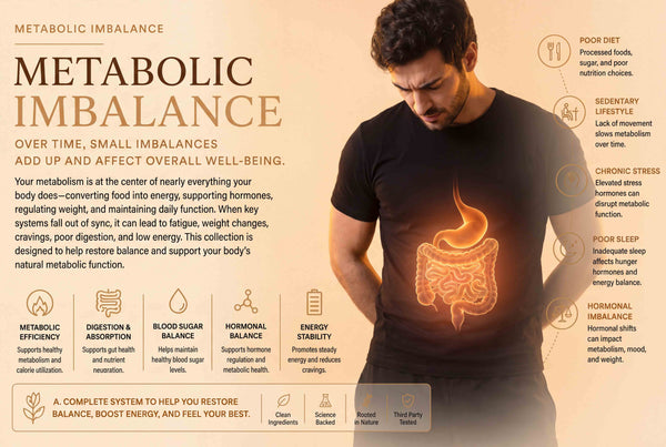 Illustration explaining metabolic imbalance and the lifestyle factors that influence metabolism, energy, digestion, and overall wellness.