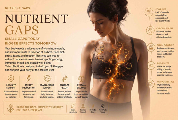 Illustration showing how nutrient gaps may affect energy, immunity, and overall wellness while emphasizing balanced nutrition and healthy lifestyle habits.