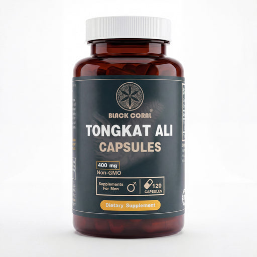 Black Coral Tongkat Ali 400 mg capsules bottle front view dietary supplement for energy vitality and men support