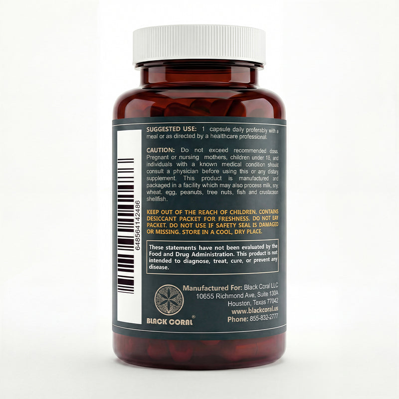 Black Coral Tongkat Ali capsules bottle back view with directions barcode and warning label