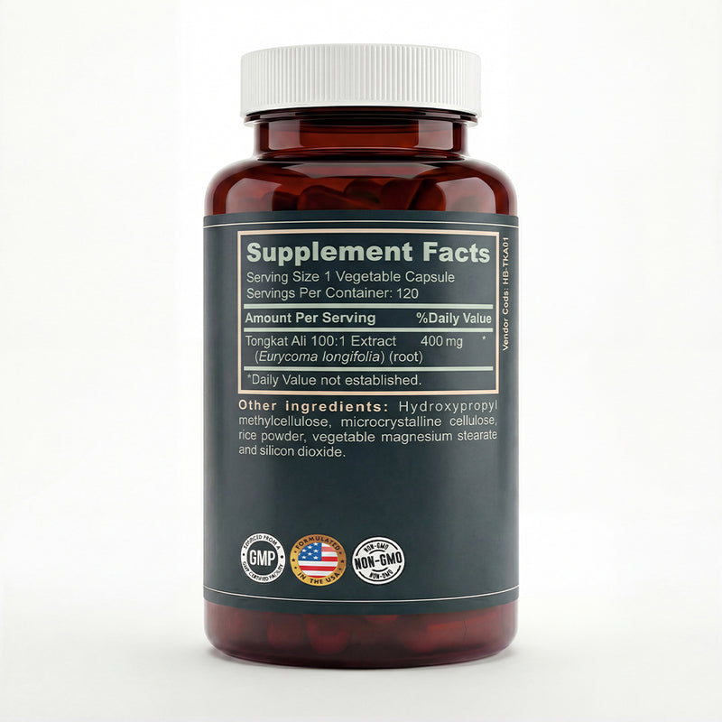 Black Coral Tongkat Ali capsules bottle showing supplement facts panel with 400 mg extract information