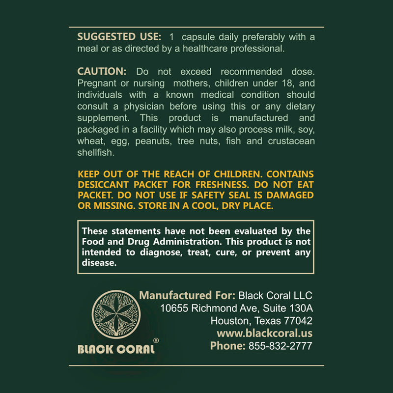 Black Coral Tongkat Ali capsules suggested use directions dosage instructions and safety information label