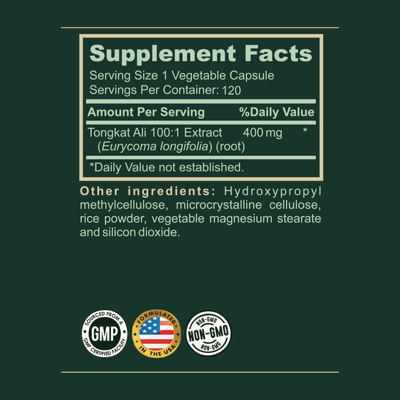 Black Coral Tongkat Ali supplement facts label showing 400 mg extract and ingredient details