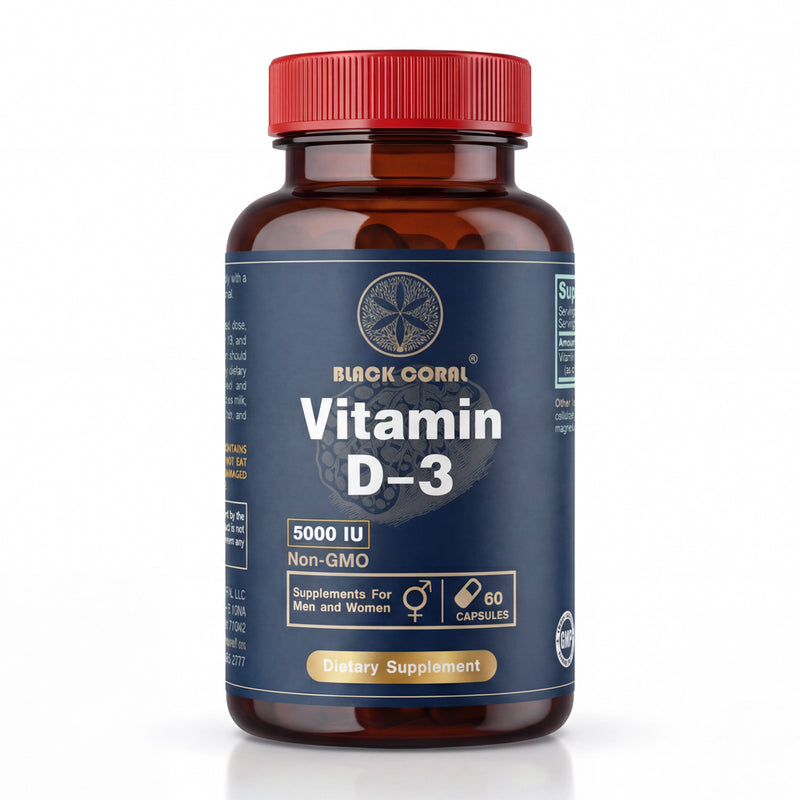 Black Coral Vitamin D3 5000 IU capsules bottle front view dietary supplement for immune and bone support