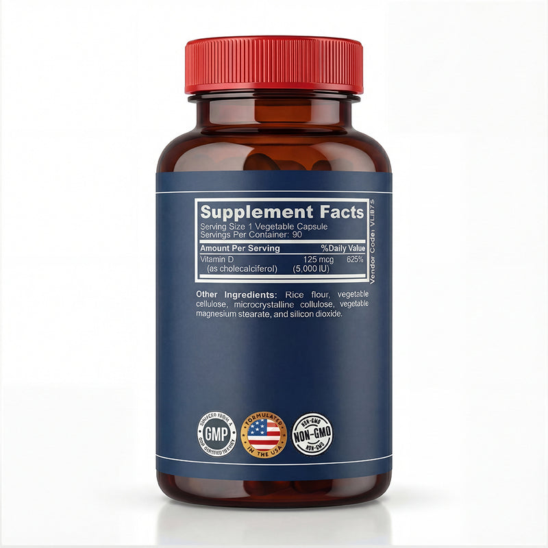 Black Coral Vitamin D3 bottle showing supplement facts panel with 5000 IU vitamin D content