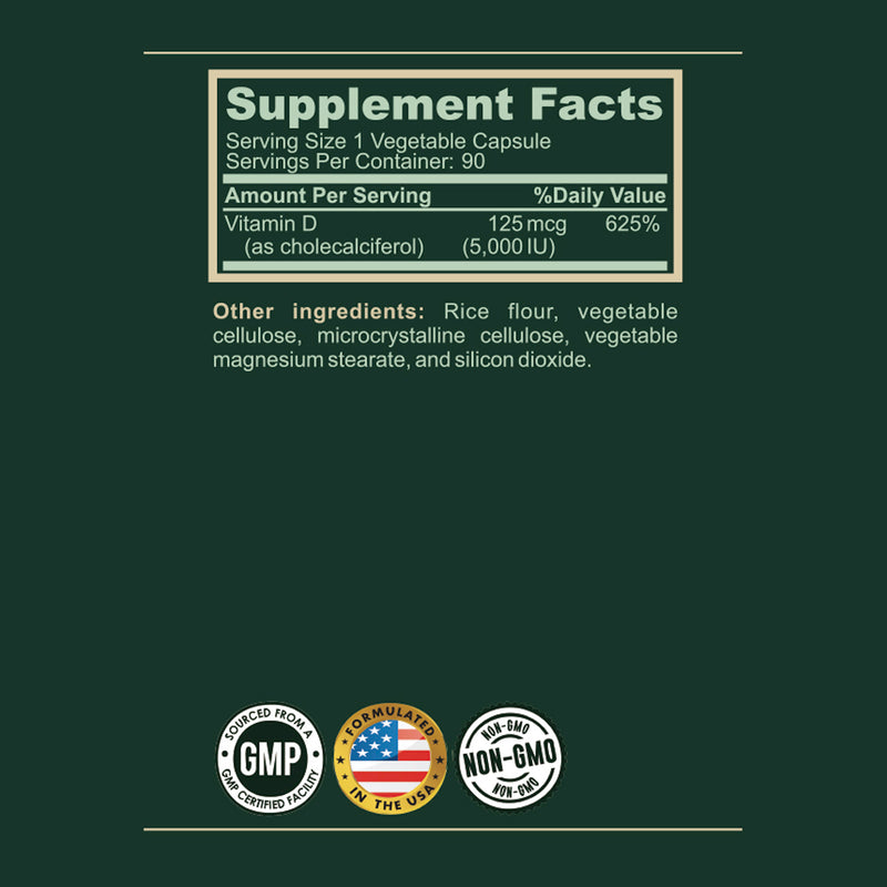Black Coral Vitamin D3 supplement facts label showing vitamin D 5000 IU and ingredient details